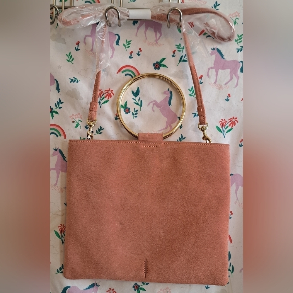 NWT Thacker Le Pouch Pink Suede Casual Boho Purse w/ Gold Bracelet Ring Handles
